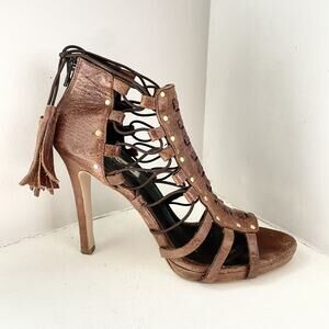 Women Brown Gladiator Stiletto Open Toe Party Heels - Aged Leather Size 7.5